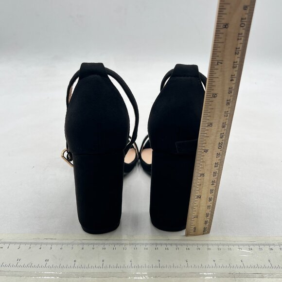 FSJ Black-suede Chunky High Heel Sandals Open Toe Ankle Strap Single Band Shoe - Picture 5 of 8